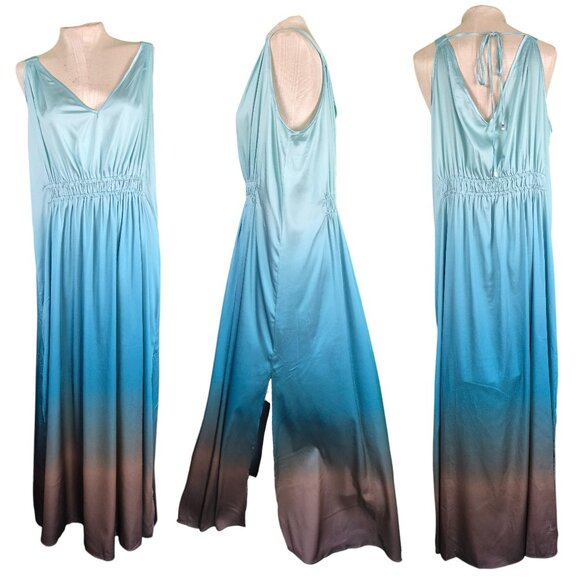 WHITE HOUSE BLACK MARKET SATIN GODDESS MAXI DRESS "OCEAN OMBRE ESPRESSO" XL NWOT - Picture 1 of 5